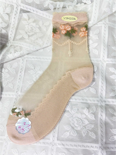 花日屋日本製 玫瑰鬱金香刺繡 水晶襪