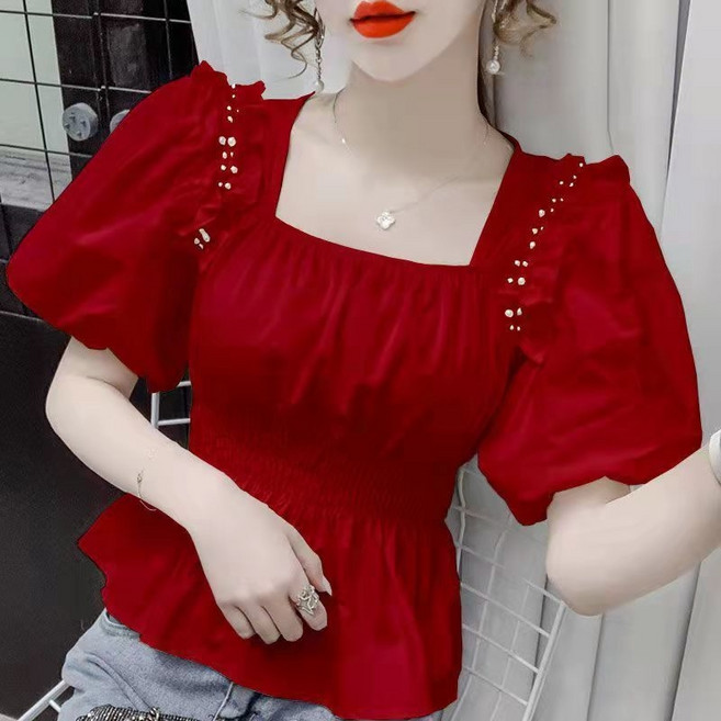 Choyur여성 패셔너블 퍼프소매 스퀘어넥 블라우스 진주 장식 허리 조임 디자인 G01
