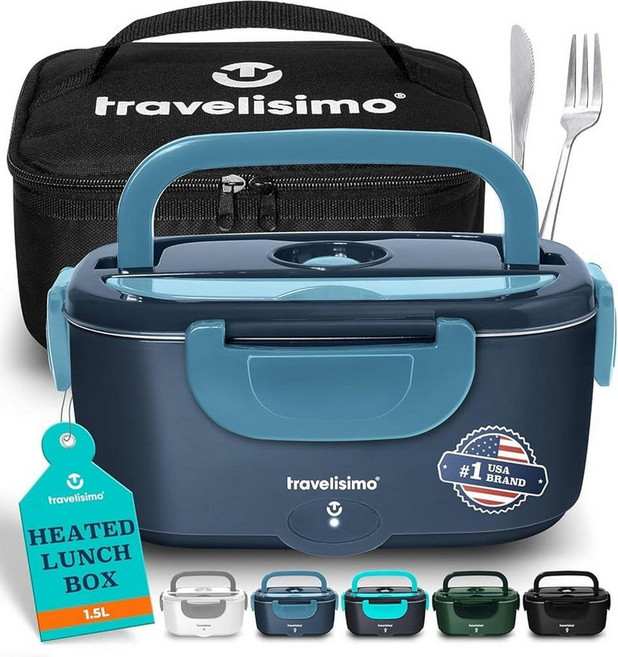 TRAVELISIMO 성인용 전기 런치 박스 100W 온열 런치 박스 남성용 1.5L 스테인리스 스틸 휴대용 푸드 워머 여행 및 업무용 12/24/110V Loncheras, Dark Blue