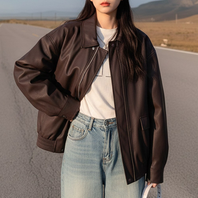 라뷰드 여성 오버핏 집업 가죽 자켓 봄 가을 간절기 가죽 라이더 점퍼 여자 루즈핏 카라넥 레자 레더 잠바 캐주얼 아우터 데일리 겉옷