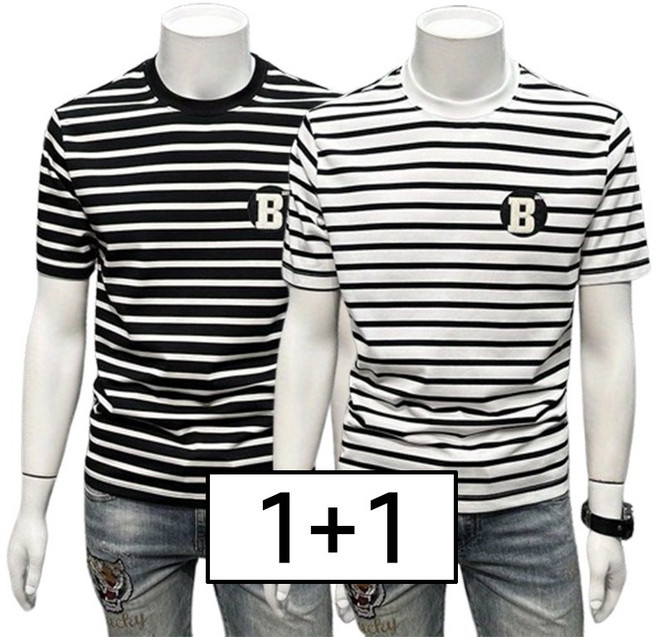 남성 전용 헤비 스타일 스트라이프 패치 자수 반팔티 강렬 시각적 충격 디자인 세심 자수 패치 거침없는 매력 단순한 티셔츠 디테일 매력적인 반팔티 남성의 강인함과 세련된 감각 분위기