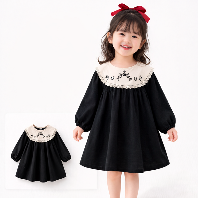 유아 여아 자수 원피스 레이스 카라 프릴 긴팔 봄 가을 원피스