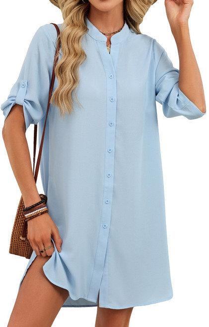 【春夏爆款】V領連衣裙 襯衫裙 連衣裙女 中袖連衣裙 紐扣連衣裙 通勤連衣裙 法式復古設計 收腰顯瘦 歐美外貿原單 亞馬遜速賣通熱銷, 天藍