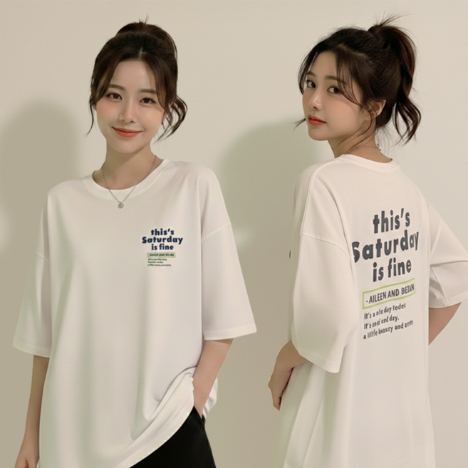 데일로엔 여성 여름 데일리 오버핏 롱 레터링 반팔 티셔츠