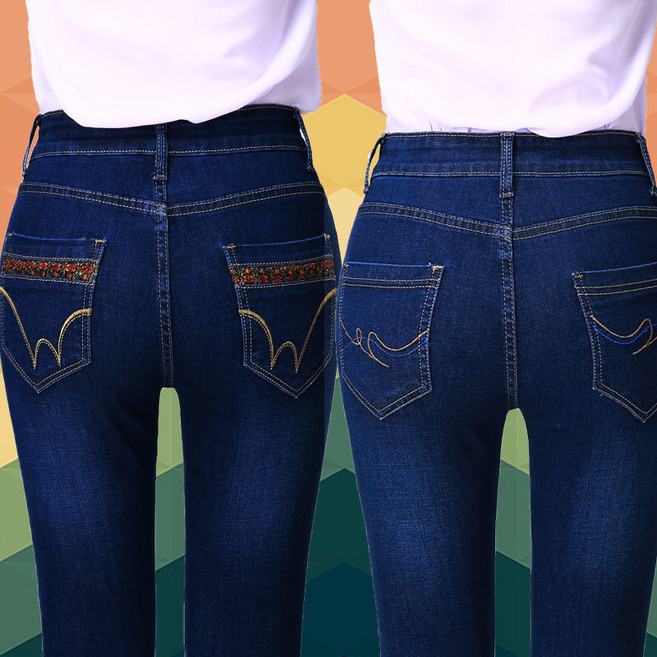 1+1 중년 여성 데님 팬츠 캐주얼 하이웨스트 청바지 슬림핏 엄마 스판 데님 팬츠 CY