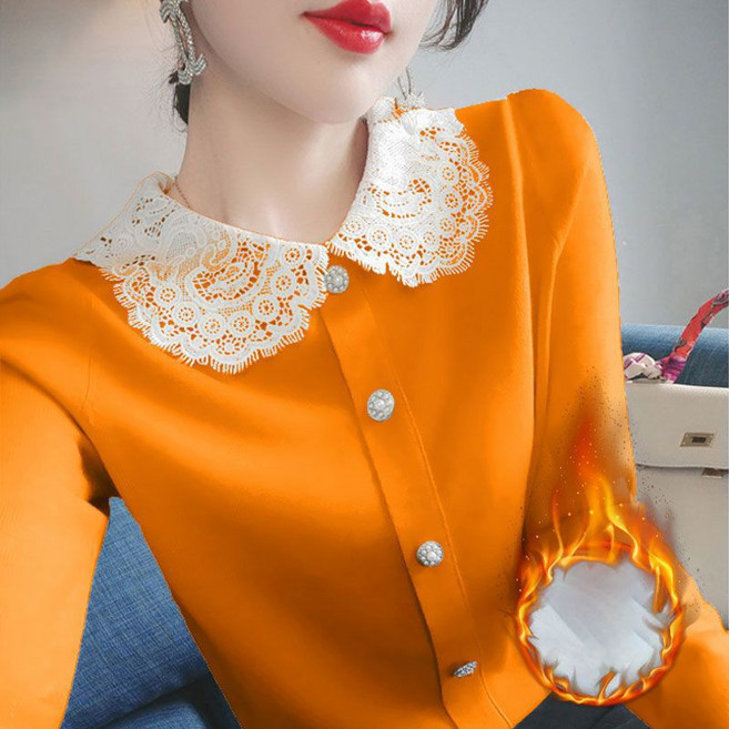 유니픽 여성 봄 레이스카라 긴팔 블라우스 심플 메탈버튼 허리조임 디자인wd