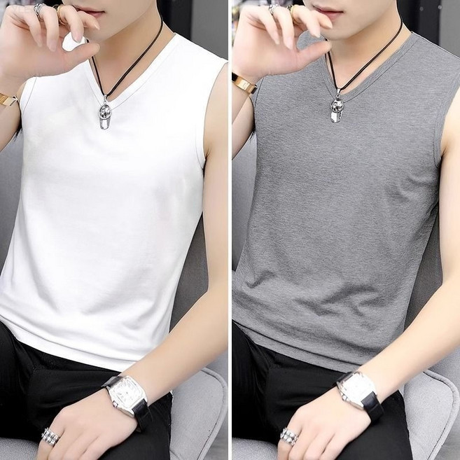 YLEMI 1+1무지 나시티 남자 브이넥 모달 쿨링 머슬핏 민소매 런닝 셔츠 2p