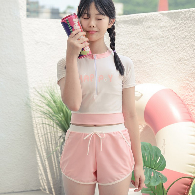 코코드림 여자 주니어 해피 반집업 반팔 반바지 래쉬가드 수영복 세트 1535