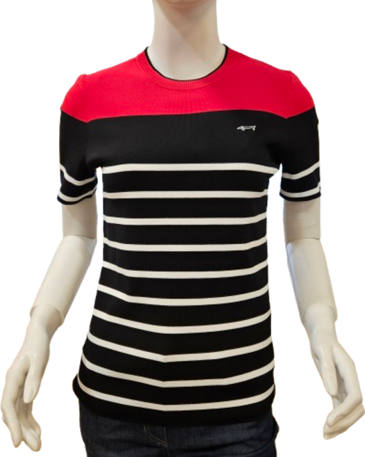루이까스텔 여성 봄여름 배색 스트라이프 라운드 니트 반팔티셔츠 뉴코아인천점