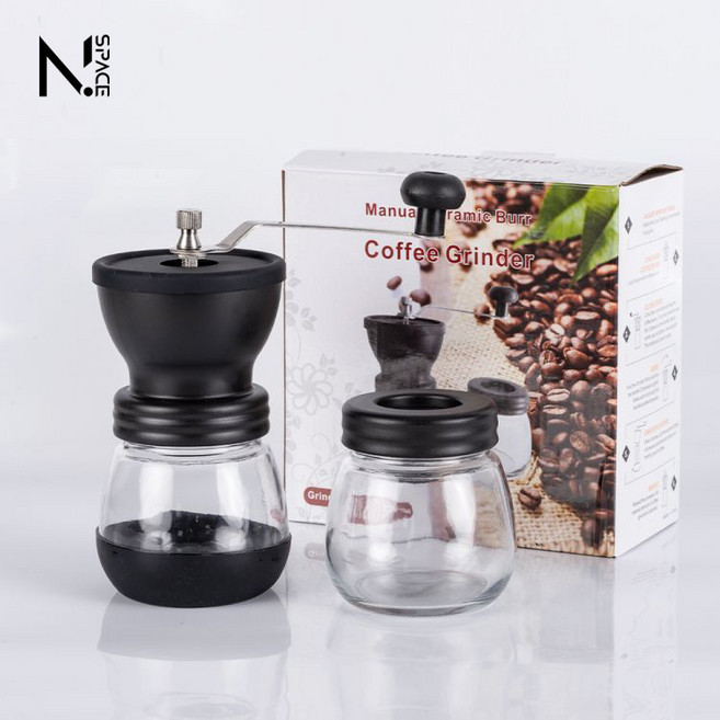 N.SPACE 手搖咖啡磨豆機 陶瓷磨芯 可水洗 附儲豆罐 咖啡研磨器, 1個, 咖啡豆手搖磨粉機(贈送罐子), 黑色, 豆倉大約200ML、玻璃粉倉瓶大約350ML