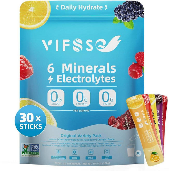 전해질 파우더 드링크 믹스 - 6가지 미네랄 및 전해질 스틱 30개 레몬 라즈베리 체어포메그라네이트 오렌지 포도의 무설탕 버라이어티 팩 운동 에너지 회복용 1359