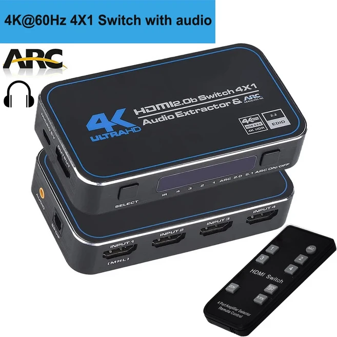 4K HDMI 2.0 오디오 추출기 블루투스 HDR 스위치 토스링크 5.1 컨버터 아크 스플리터, 02 4K 60Hz 4X1