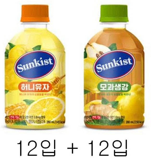 썬키스트 허니유자+모과생강 280mlx24펫(각12펫씩) 꿀음료, 24개