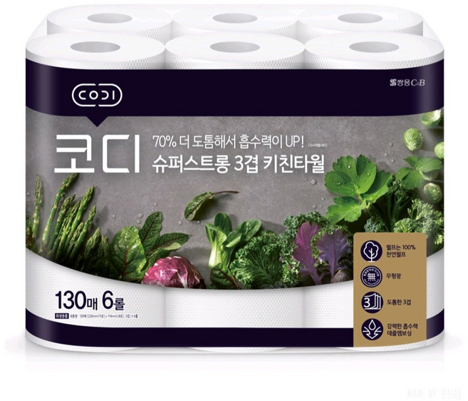 코디 슈퍼스트롱 키친타올 3겹 130매, 6개
