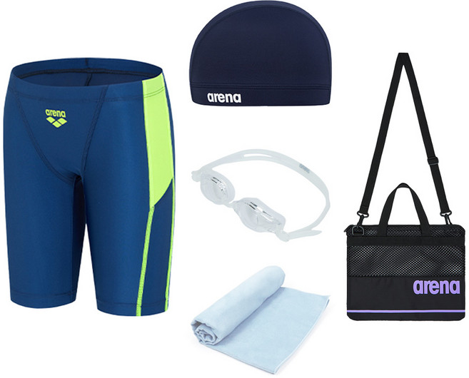 AKT-5953-네이비 아레나 남주니어 생존수영키트 5종 (수경 수모 수영복 메쉬가방 타올 폴리백 세트)