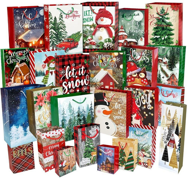 Party Funny 24개의 크리스마스 선물 종이 가방 벌크 손잡이와 60개의 크리스마스 선물 태그 - 크리스마스 휴일 선물 포장을 위한 다양한 사이즈 세트(점보 6개 라지, 선물 가방3
