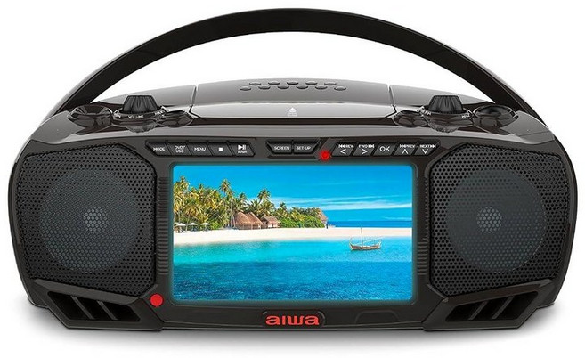 Aiwa 휴대용 DVD 플레이어 듀얼 3W 스피커 및 베이스 기능이 있는 크리스탈 클리어 사운드 7인치 LCD 디스플레이 블루투스 연결 FM 라디오 CD/DVD 재생, 블랙