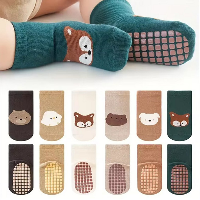 토토앤미 논슬립 키즈카페 양말 6종 세트 유아 미끄럼방지 몽글몽글 동물 패턴 발목삭스