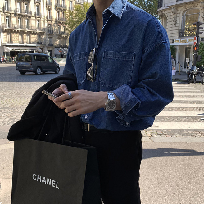 봄가을 남성 영국 스타일 데님 셔츠 아우터