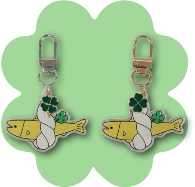 행운부적 네잎클로버 액막이 명태키링 키홀더 신차 새차 수험생 수능 새해 신년 선물 열쇠고리, 1개, 골드+실버