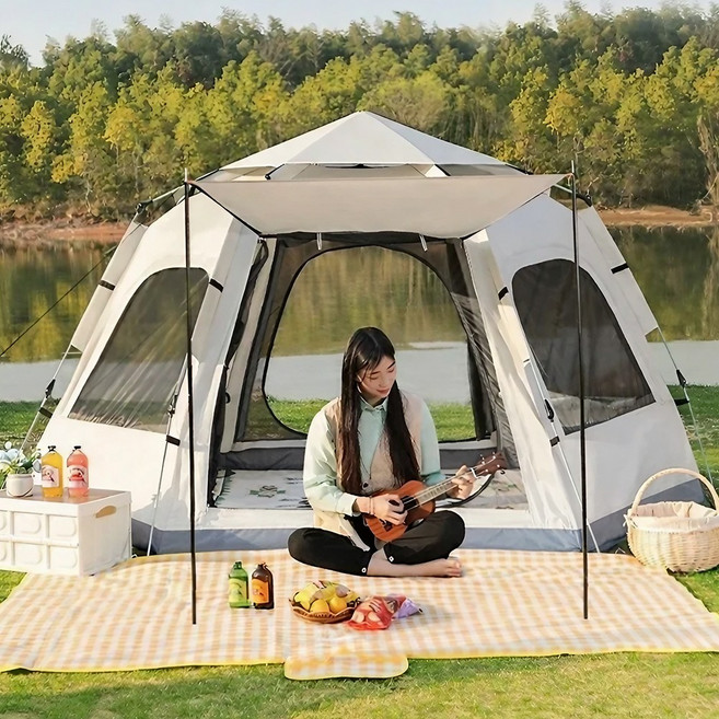 캠프텐버 아웃도어 캠핑 원터치 텐트, 대형 (4-5인용 240x210cm), 아이보리