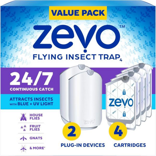 실내용 Zevo 플라잉 곤충 트랩 라이트 트랩으로 초파리 날벌레 집파리 스타터 키트 플러그인 베이스 1개 + 카트리지 를 포획합니다, 2 Devices & 4 Cartridges