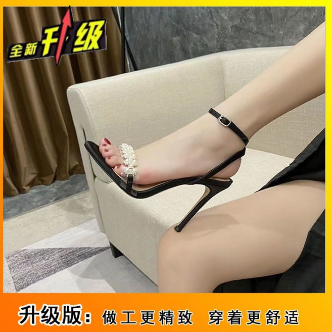 時裝珍珠水鑽涼鞋 仙女風銀色高跟細跟一字扣帶, 黑色升級版10釐米,35