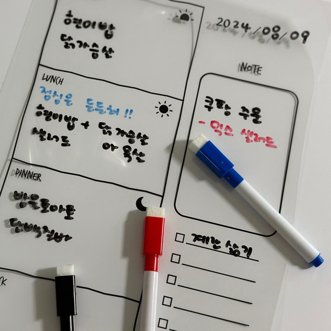 냉장고 스케줄러 메모보드 달력 식단표 접착형 시트 붙이는 투명 화이트보드, 일반형 3종세트, 8색보드마카
