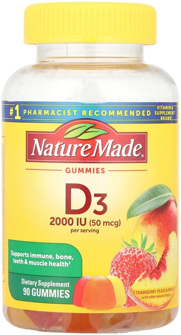 Nature Made 비타민D3 구미젤리 딸기 복숭아 & 망고 구미젤리 90개 (구미젤리 1개당 25mcg(1 000IU)) Made (네이처 메이드), 1개, 90정 - 쿠팡