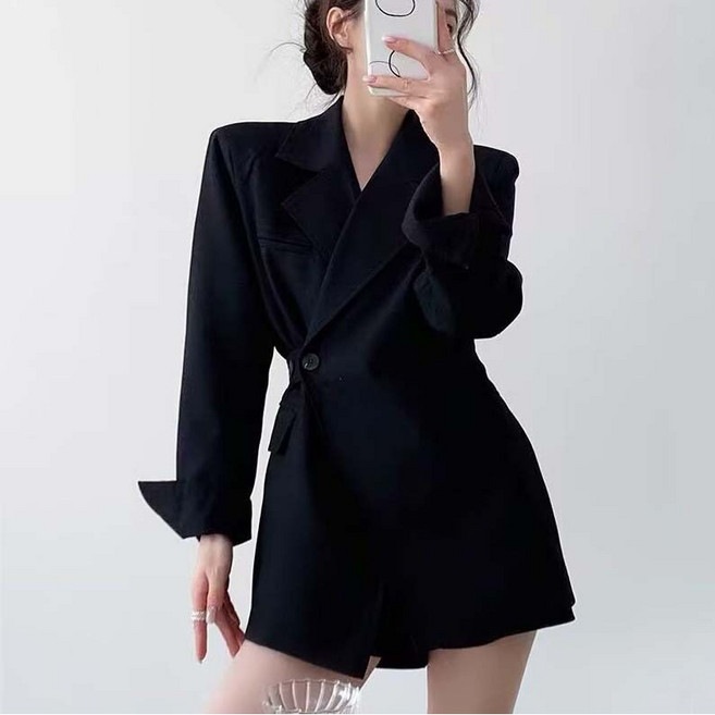 TIMEPURE 여성 원버튼 세련된 정장 롱 자켓 봄 가을 소매트임 뒷면 허리벨트 일체형 고급 캐주얼 하프 정장 오피스룩 하객룩