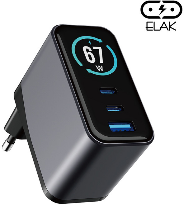 엘락 67W 초고속 디스플레이 C타입 3포트 GaN 멀티충전기 갤럭시 초고속 PD SFC3.0 QC3.0 USB, 1개, 그레이