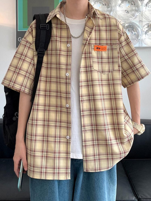 格子短袖襯衫男士夏季港風寬鬆大碼百搭半袖衣服韓版潮流襯衣外套