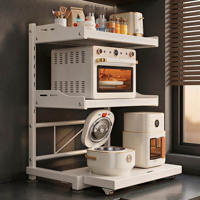 3단 전자레인지 슬라이딩 선반 대용량 높이조절 주방수납, 모던 화이트