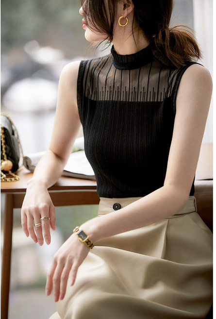 제이씨엠 JCM320 여성 시스루 반하이넥 이너 블라우스 민소매 나시티