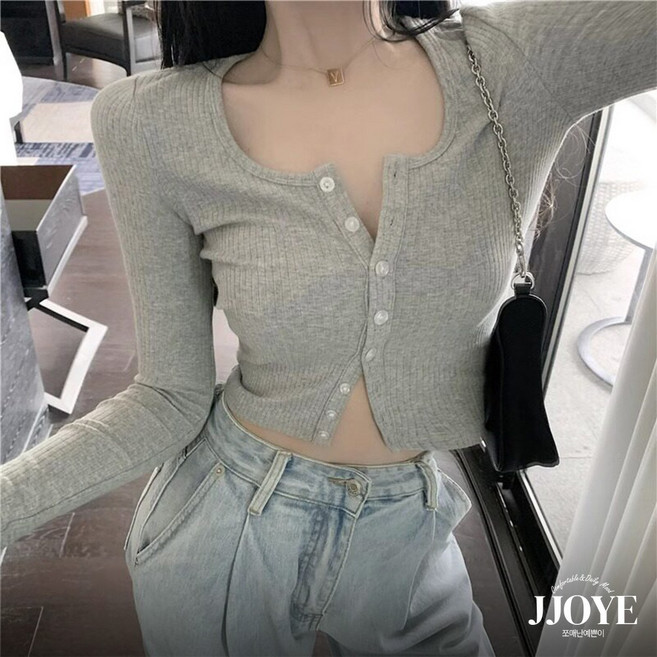 쪼예 꾸안꾸 U넥 슬림핏 골지 크롭 니트 긴팔티 이너 가디건