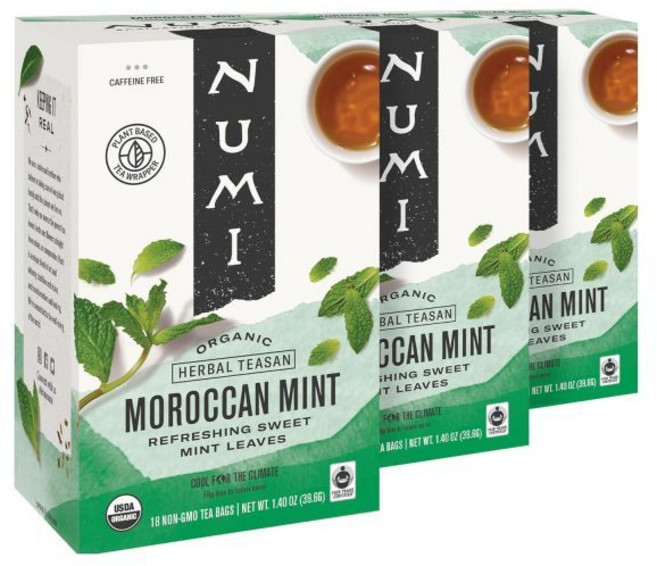 Numi 누미 유기농 모로코 민트 티 18티백(3팩) 상쾌한 나나 카페인 프리 허브 (포장은 다를 수 있습니다) 미국 티백, Moroccan Mint, 18개