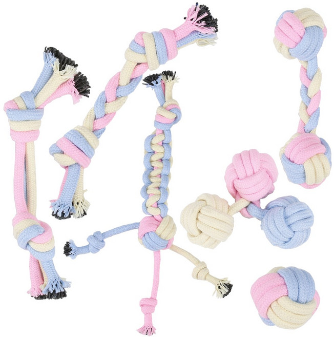 슈슈펫 파스텔 강아지 터그놀이 로프 장난감 6종 세트, 1세트, 핑크블루