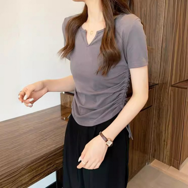 Ladyshare 韓版V領抽繩修身短袖女裝素T