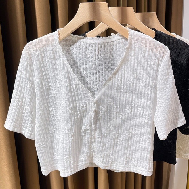 지디오 여성 반팔 프릴 브이넥 크롭 가디건 꽃무늬 레이스 숏 아우터