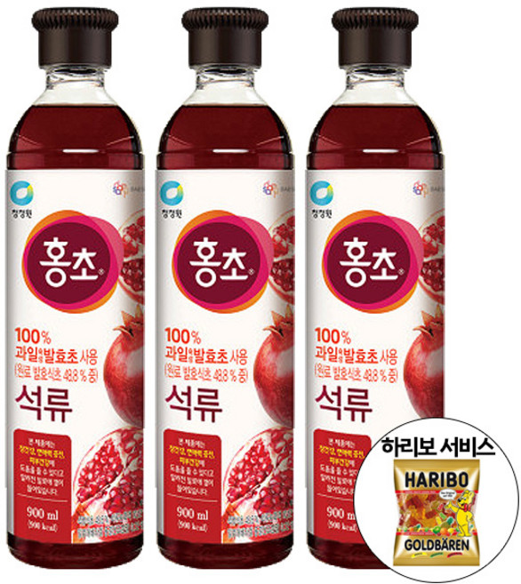 홍초 석류 900mlx3개 + 하리보 골드베렌 10.8g 증정 흑초 식초 미초 감식초 탄산수 쁘띠첼, 홍초 석류 900mlx3개 + 하리보 10.8g 증정, 900ml