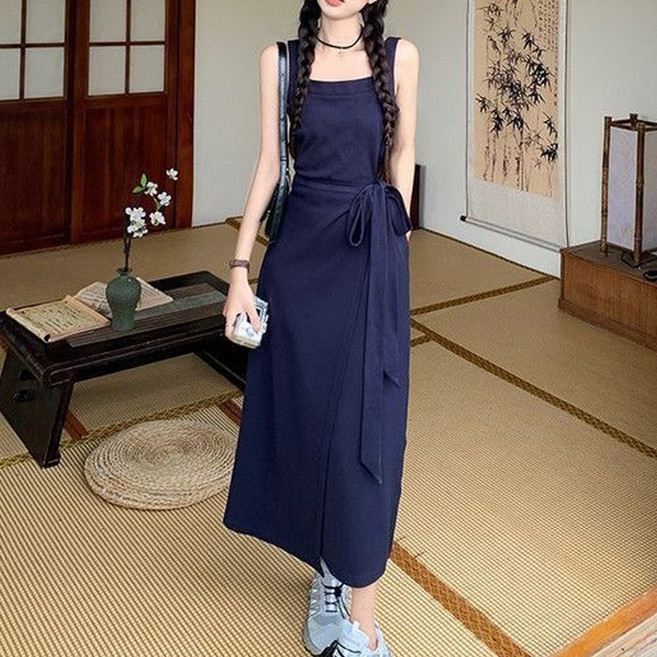 cammello 허리끈 포인트 나시 랩 원피스 슬리브리스 롱 드레스