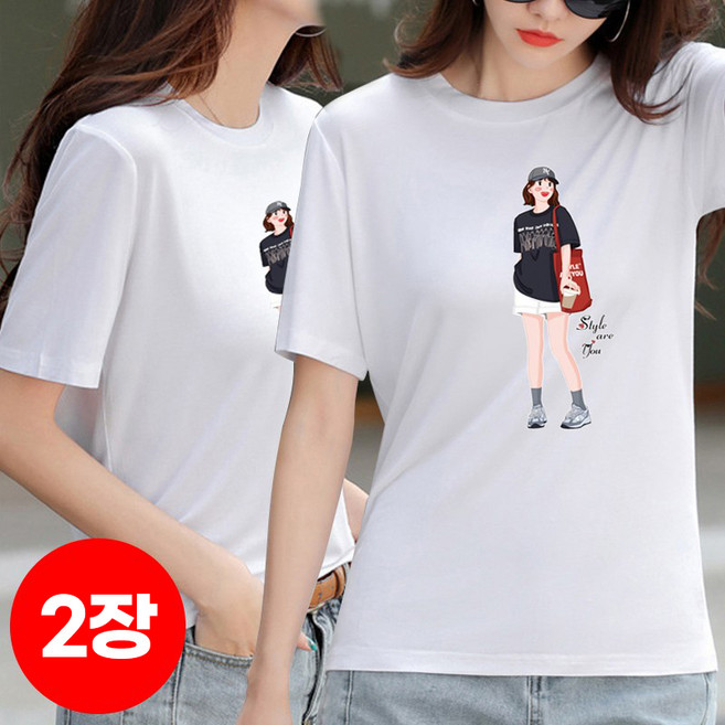 1+1 스타일아유 여성 반팔 티셔츠 비스코사 루즈핏 라운드넥 트렌디한 프린트 캐주얼 TS3443