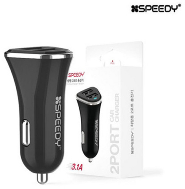 SPEEDY 2포트 3.1A 차량용 충전기 시거잭 USB 고속 지원, 블랙, 1개
