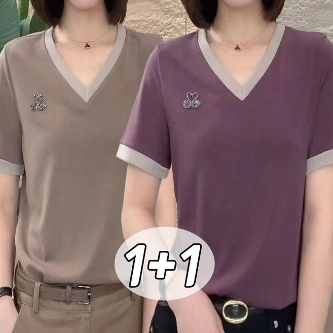 1+1 스판 반팔티 중년여성 브이넥 루즈핏 티셔츠 큐빅 블라우스
