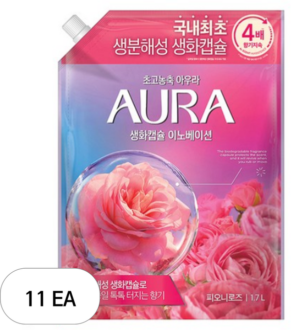 아우라 섬유유연제 피오니로즈향 리필, 1.7L, 11개