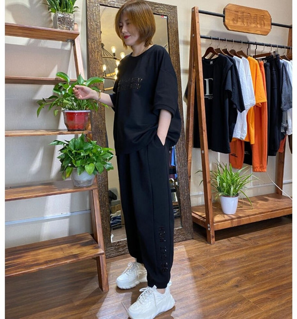 新款夏裝女款兩件式運動套裝 寬鬆短袖+長褲休閒套裝 透氣吸汗穿搭 a0280