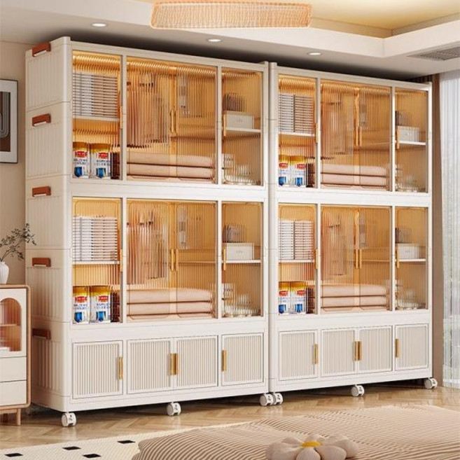 접이식옷장 폴딩 수납장 플라스틱 간이 비키니옷장 원룸 수납 이동식 조립식 리빙박스 캐비닛 모던 무설치, 19_옷걸이1개+수납장2개 90cm 투명