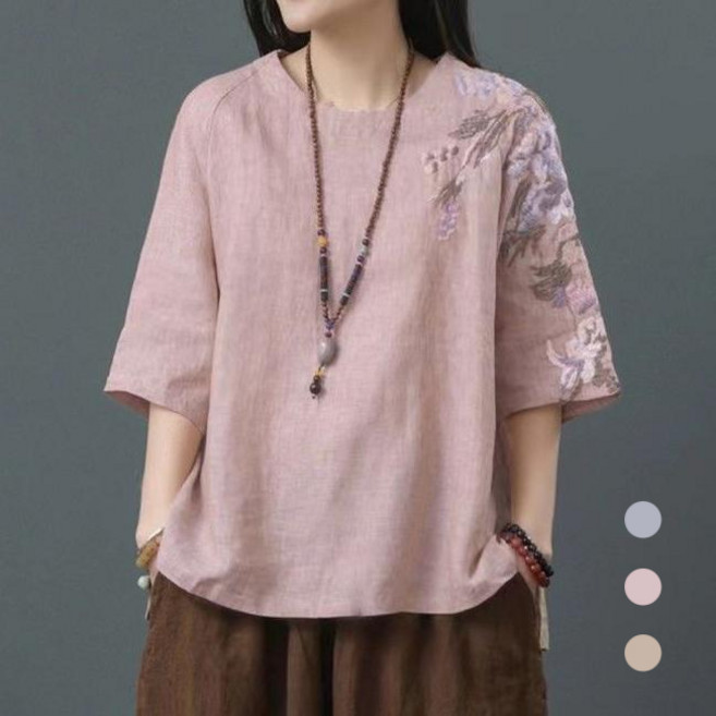 에쥬아 면마 반팔티 라운드넥 꽃자수 티셔츠 빅사이즈 엄마옷 상의