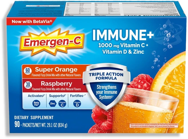 Emergen-C 이멀전씨 이뮨+ 1000mg 비타민C+ 비타민D 아연 90팩 1박스(오렌지 라즈베리), 1개, 90회분 - 쿠팡