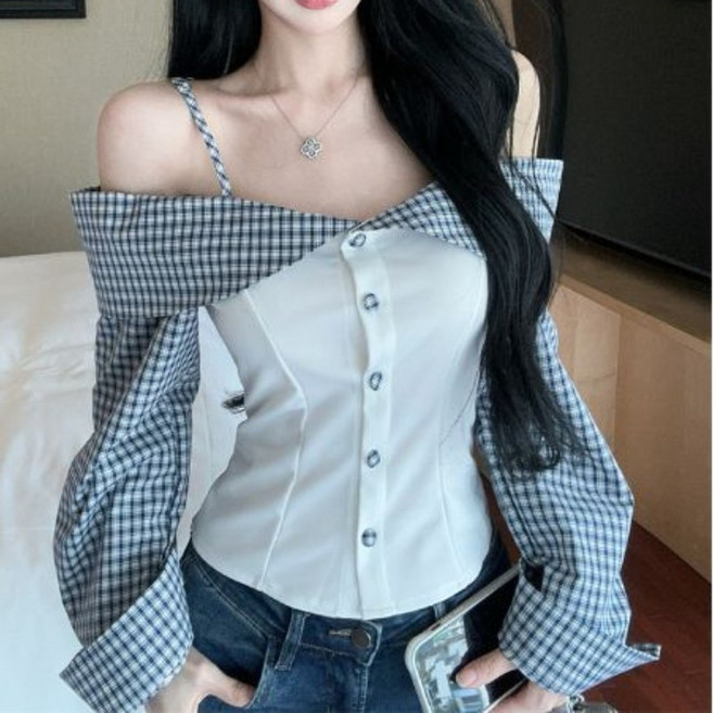 PETITBATH여성 오프숄더 스퀘어넥 체크믹스 버튼 스트랩 블라우스 페미닌WZS51011